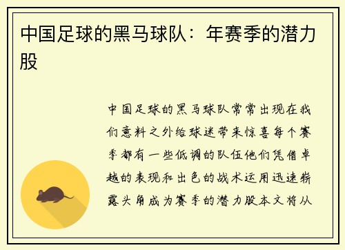 中国足球的黑马球队：年赛季的潜力股