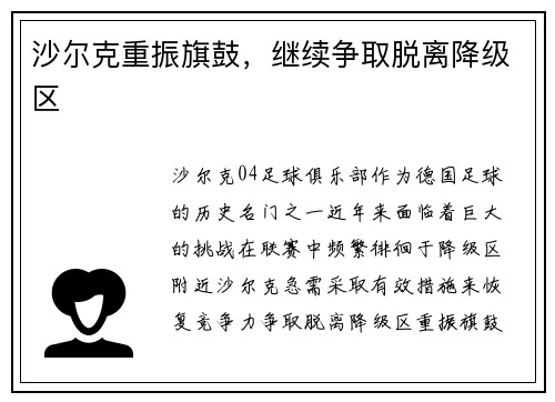 沙尔克重振旗鼓，继续争取脱离降级区