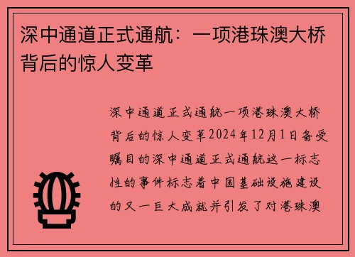 深中通道正式通航：一项港珠澳大桥背后的惊人变革
