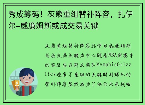 秀成筹码！灰熊重组替补阵容，扎伊尔-威廉姆斯或成交易关键