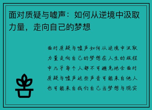 面对质疑与嘘声：如何从逆境中汲取力量，走向自己的梦想